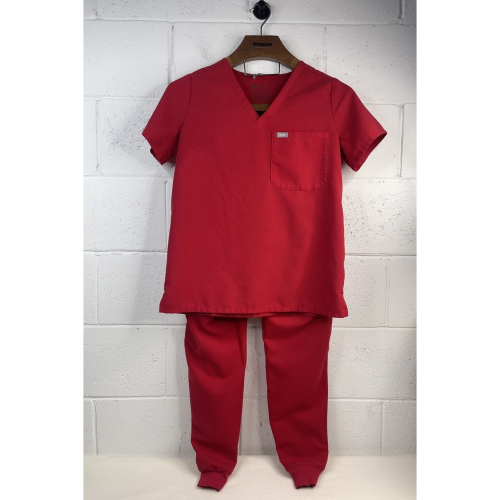 FIGS Women's Red  Scrub Set Casma V-Neck Top S & Zamora Jogger S PO#1785